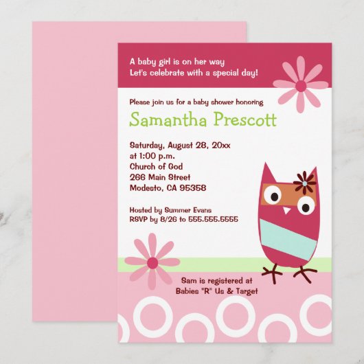 Little Owl Baby Shower Invitations Baby Girl 5x7 Kaart (Voorkant / Achterkant)