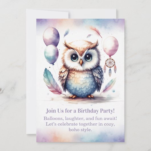 Little Owl Birthday Invitation Woodland Boho Kaart (Voorkant)