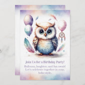 Little Owl Birthday Invitation Woodland Boho Kaart (Voorkant / Achterkant)