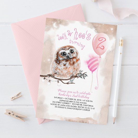 Little Owl Girls Pink Birthday Kaart