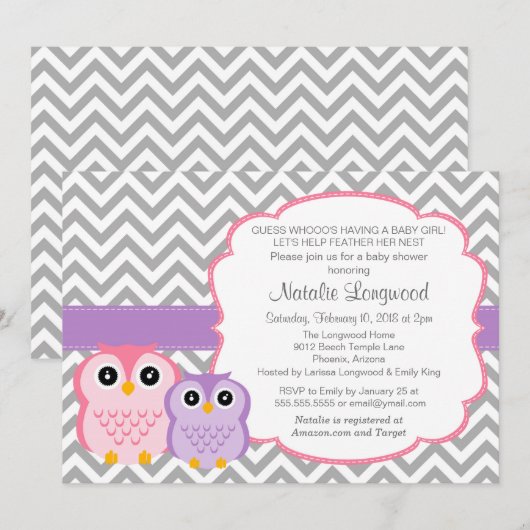 Little Owls Baby shower Invitation, girl Kaart (Voorkant / Achterkant)