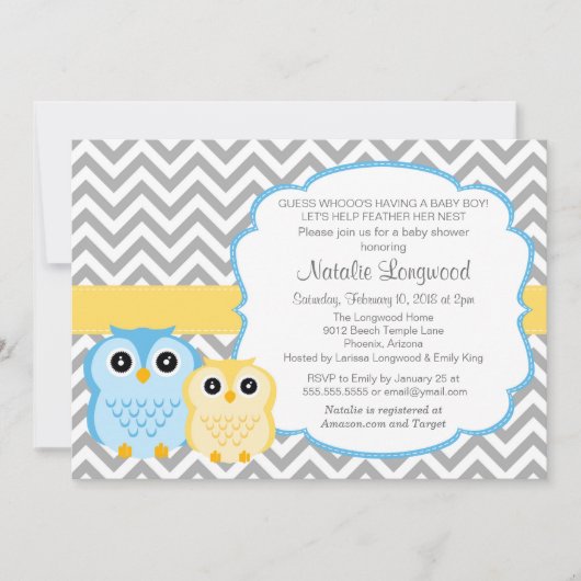 Little Owls Baby shower Invitation, jongen Kaart (Voorkant)