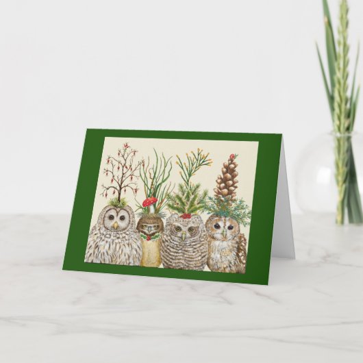 Little Owls with Holiday hats Folded Greeting Card Kaart (Voorkant)