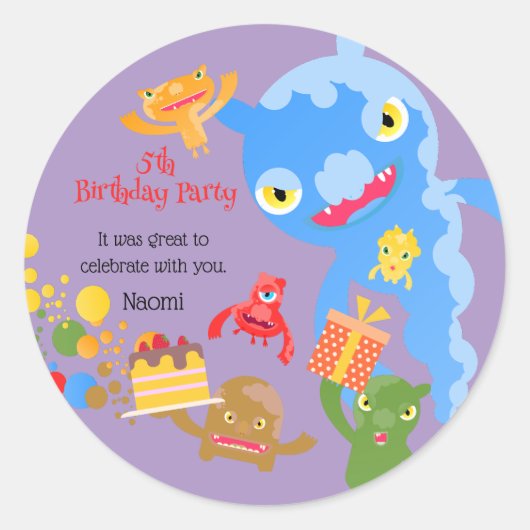 Little Party Monster en confetti Verjaardagsfeestj Ronde Sticker (Voorkant)