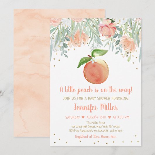 Little Peach Floral Gold Baby shower Kaart (Voorkant / Achterkant)
