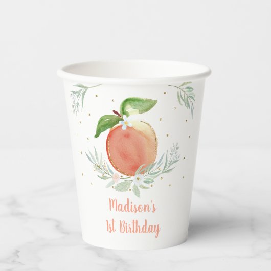 Little Peach Gold Floral Birthday Papieren Bekers (Voorkant)