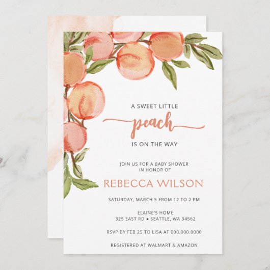 Little Peach is op Way Baby shower Invitation Kaart (Voorkant / Achterkant)