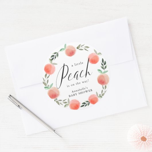 Little Peach Waterverf WreatBaby shower Ronde Sticker (Envelop)