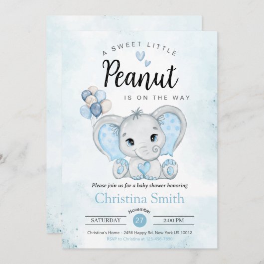 Little Peanut Blue Elephant Baby Shower Kaart (Voorkant / Achterkant)