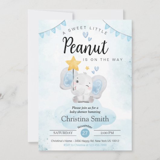 Little Peanut Blue Elephant Baby Shower Kaart (Voorkant)