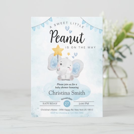 Little Peanut Blue Elephant Baby Shower Kaart (Staand voorkant)
