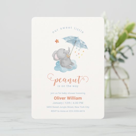 Little Peanut Blue Umbrella Elephant Baby Shower  Kaart (Staand voorkant)