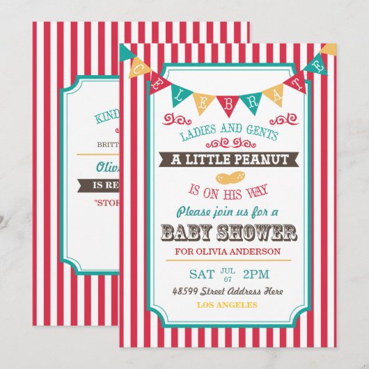 Little Peanut Circus Baby shower Invite Kaart (Voorkant / Achterkant)