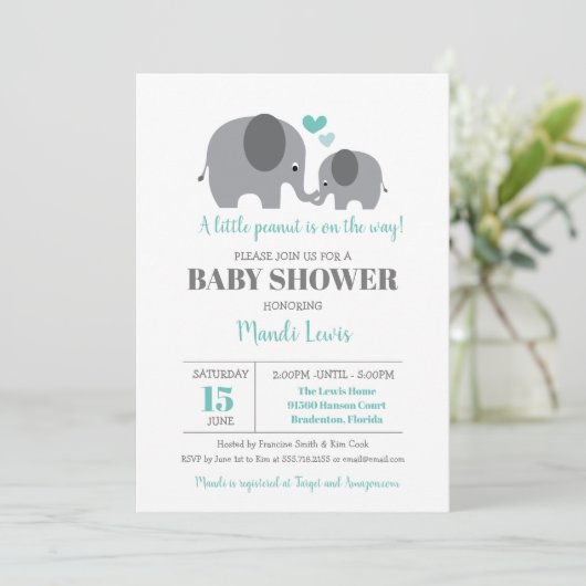 Little Peanut Elephant Blauwgroen Baby shower Kaart (Staand voorkant)