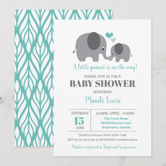 Little Peanut Elephant Blauwgroen Baby shower Kaart (Voorkant / Achterkant)