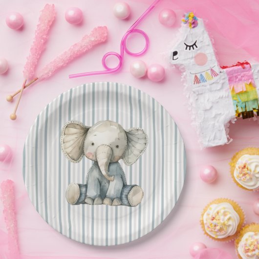Little Peanut Elephant Blue Striped Baby shower Papieren Bordje (Feest)