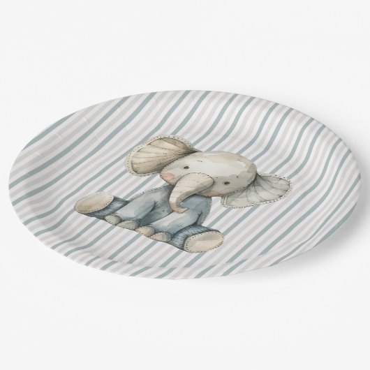Little Peanut Elephant Blue Striped Baby shower Papieren Bordje (Gekanteld)