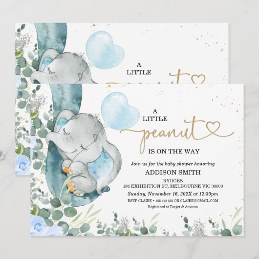 Little Peanut Floral Foliage Elephant Baby shower Kaart (Voorkant / Achterkant)