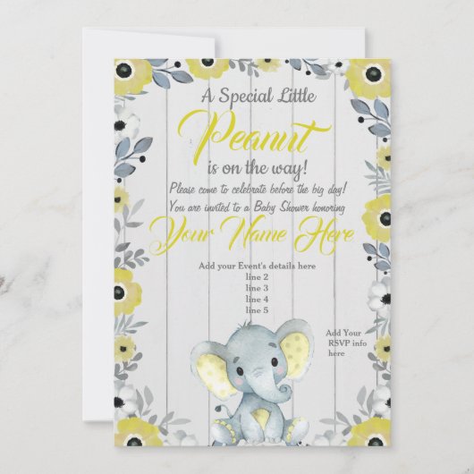 Little Peanut Yellow Rustic Baby shower Invitation Kaart (Voorkant)