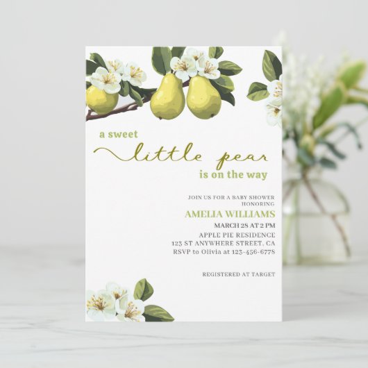 Little Pear is op weg naar fruit thema baby shower Kaart (Staand voorkant)