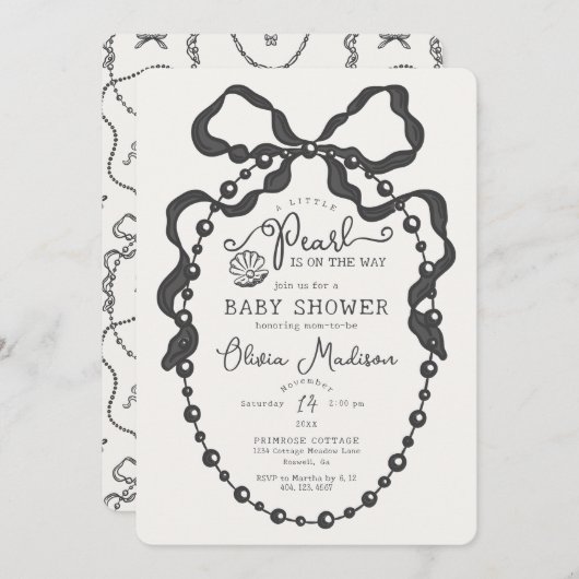Little Pearl Black Coquette Bow Baby shower Uitnod (Voorkant / Achterkant)