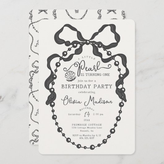 Little Pearl Black Coquette Bow Verjaardag Uitnodi (Voorkant / Achterkant)