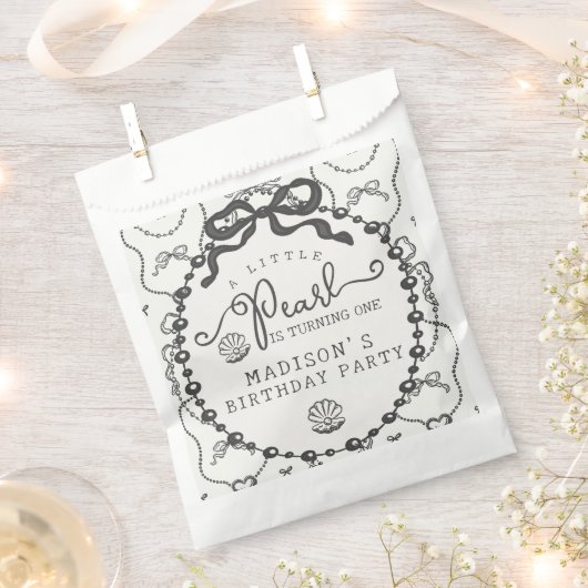 Little Pearl Black Coquette Bow Verjaardagsfeestje Bedankzakje (Geknipt)