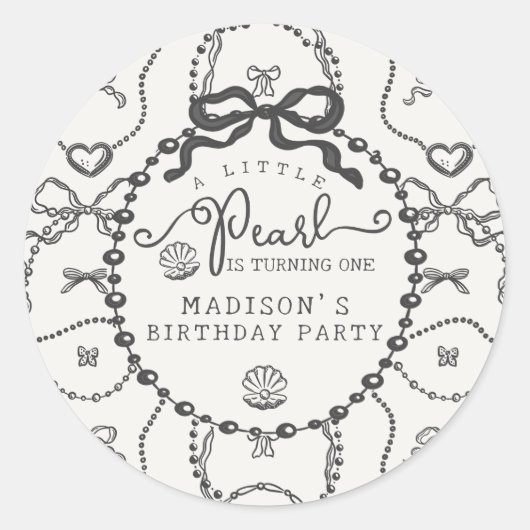 Little Pearl Black Coquette Bow Verjaardagsgunst Ronde Sticker (Voorkant)