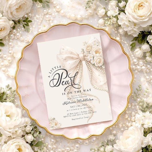 Little Pearl Bow Floral Baby Shower Kaart