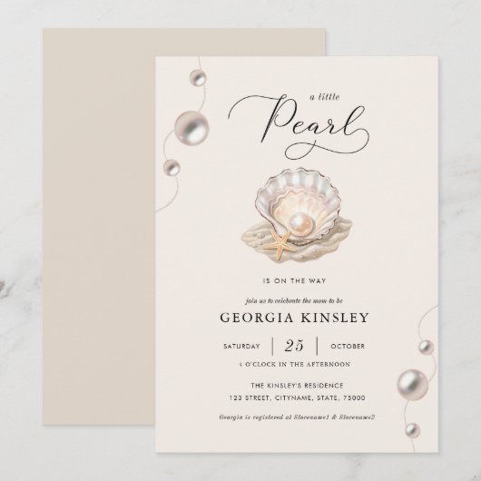 Little Pearl Ocean Beach Seashell Girl Baby shower Kaart (Voorkant / Achterkant)