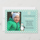 Little Penguin Teal Photo Invitation Kaart (Voorkant)