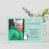 Little Penguin Teal Photo Invitation Kaart (Staand voorkant)