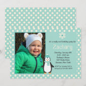 Little Penguin Teal Photo Invitation Kaart (Voorkant / Achterkant)