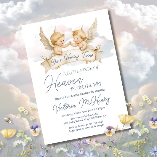 Little Piece of Heaven Angel Twin Baby shower Kaart