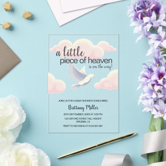 Little Piece of Heaven Clouds Dove Baby shower Acryl Uitnodigingen (Insitu (Huwelijk))