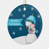 Little Pig en Snowman Hugging First Kerstmis Keramisch Ornament (Links)