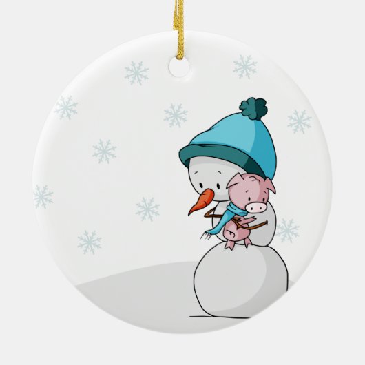 Little Pig en Snowman Hugging First Kerstmis Keramisch Ornament (Achterkant)