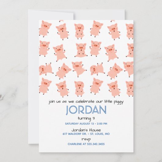 Little Piggy Birthday Party Invitation Kaart (Voorkant)