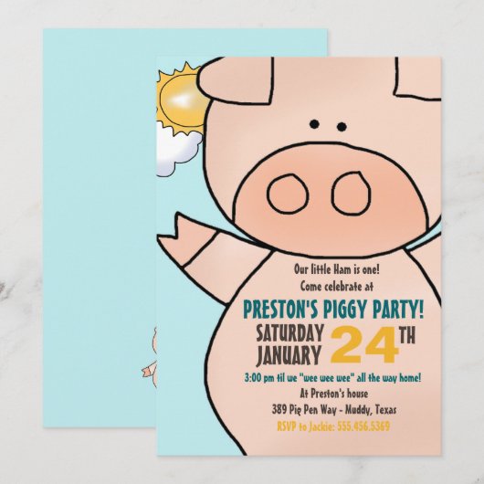 Little Piggy Birthday Party Invitation Kaart (Voorkant / Achterkant)