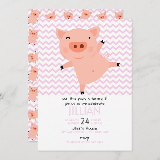 Little Piggy Birthday Party Invitation Kaart (Voorkant / Achterkant)