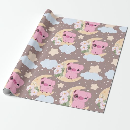 Little Piggy en het maan patroon Cadeaupapier (Uitgerold)