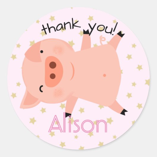 Little Piggy met sterren Dank je roze Ronde Sticker (Voorkant)