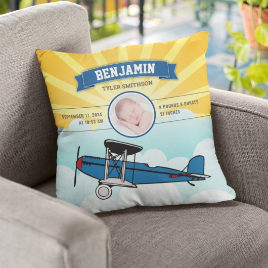 Little Pilot Blue Airplane Baby Foto Birth Stats Kussen