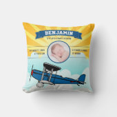 Little Pilot Blue Airplane Baby Foto Birth Stats Kussen (Voorkant)