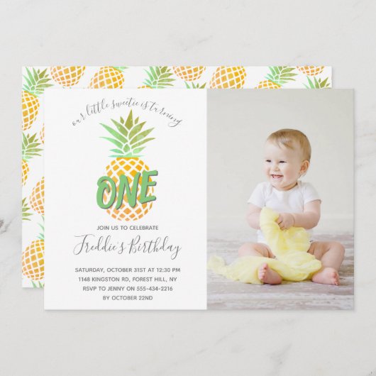 Little Pineapple 1st Birthday Foto Kaart (Voorkant / Achterkant)