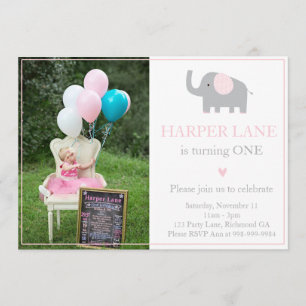 Little Pink and Grey Elephant Birthday Invitation Kaart