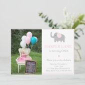 Little Pink and Grey Elephant Verjaardag Uitnodigi Kaart (Staand voorkant)