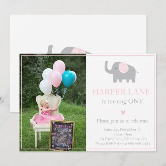 Little Pink and Grey Elephant Verjaardag Uitnodigi Kaart (Voorkant / Achterkant)