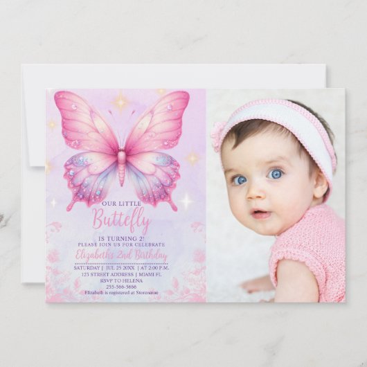 Little Pink Butterfly - Girls' Birthday with Photo Kaart (Voorkant)