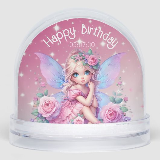 Little PInk Fairy with Roses & Stars Birthday Sneeuwbol (Voorkant)